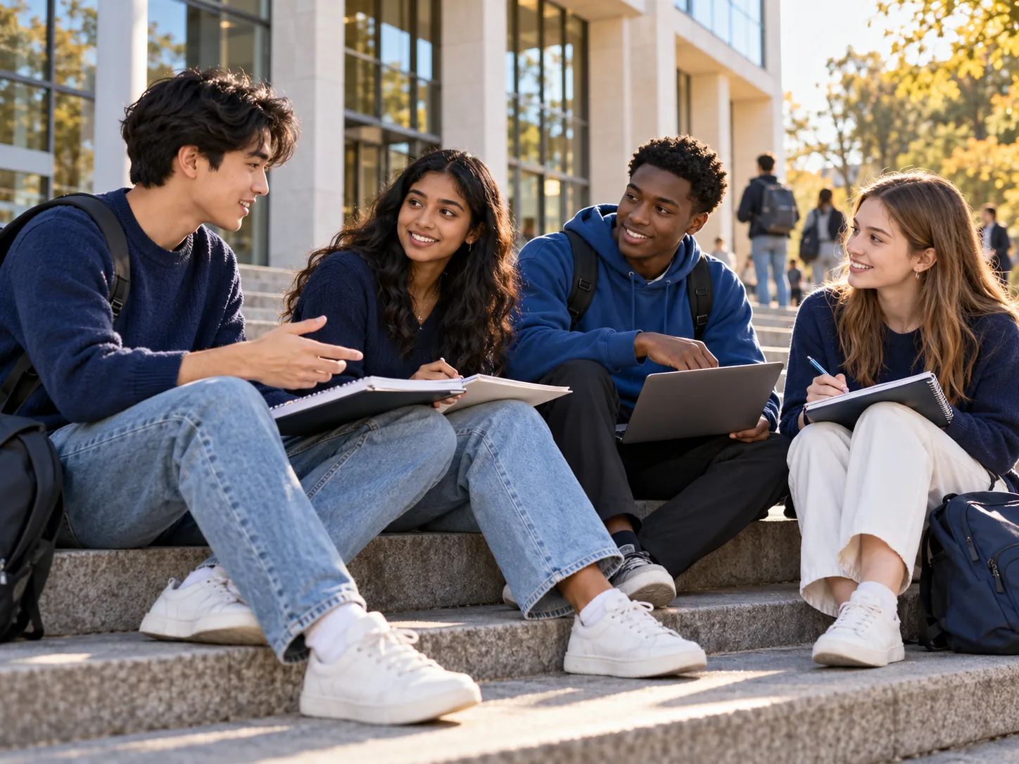 Students discussing their plans outside a university building
